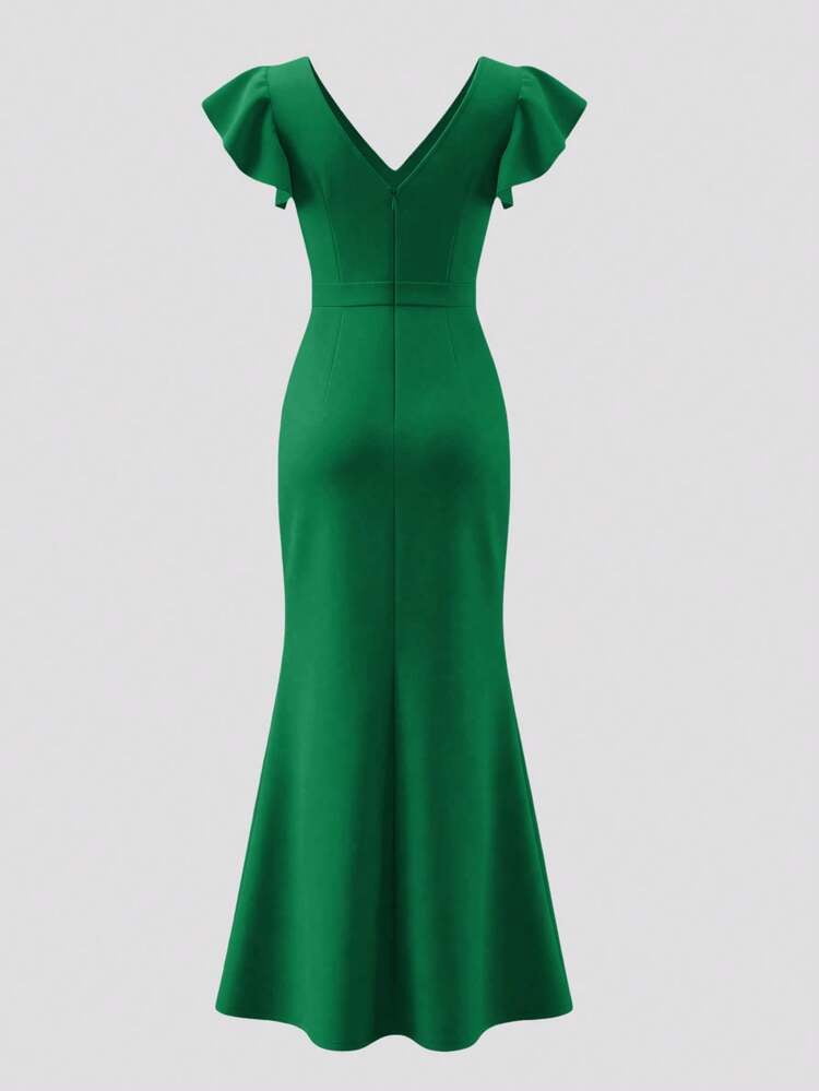 thumbnail image 2 of Green Long Dress with Deep V Neck and Ruffle Sleeves, 2 of 5