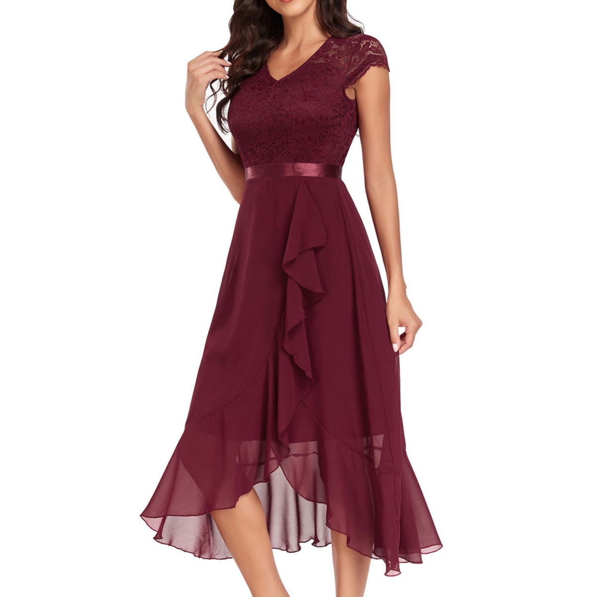 thumbnail image 6 of Gala Dresses for Women V Neck Floral Lace Short Sleeve Bridesmaid Maxi Dress Wedding Mid Length Formal Evening Dress L, 6 of 8