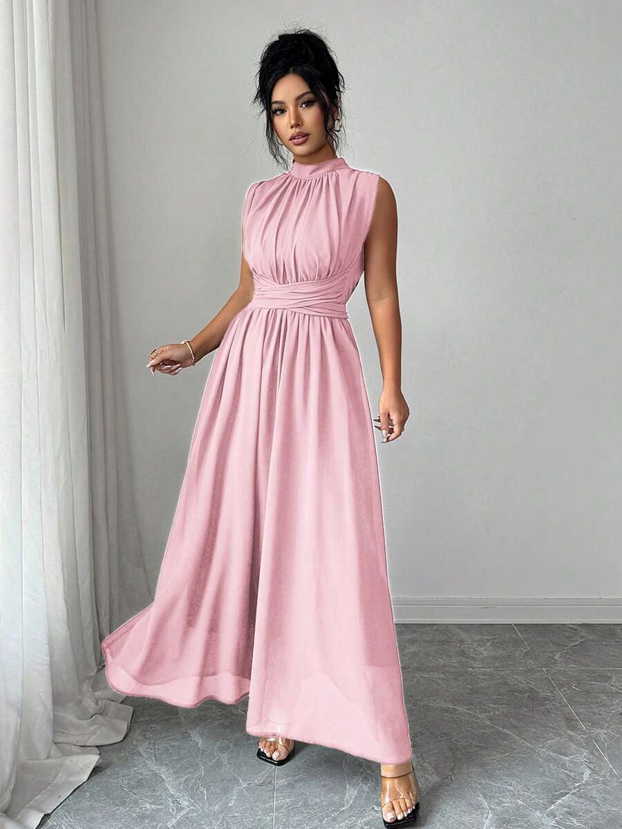 thumbnail image 5 of Baby Pink Womens Sleeveless High Neck Chiffon Maxi Dress With Waist Bow, 5 of 8