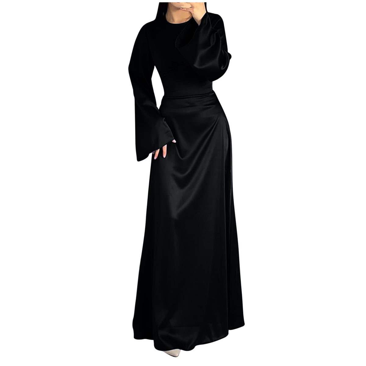 thumbnail image 4 of TMOYZQ Dresses for Women Elegant Satin Party Dress Bell Long Sleeve Cocktail Maxi Dresses Back Lace Up Bandage Tie High Waisted Formal Party Evening Gowns, 4 of 7