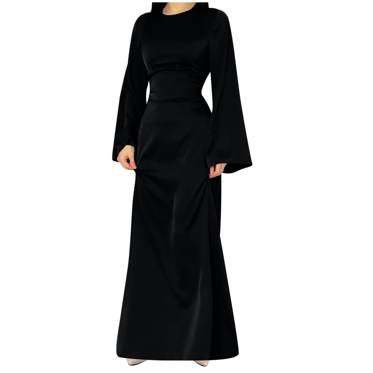 thumbnail image 2 of TMOYZQ Dresses for Women Elegant Satin Party Dress Bell Long Sleeve Cocktail Maxi Dresses Back Lace Up Bandage Tie High Waisted Formal Party Evening Gowns, 2 of 7