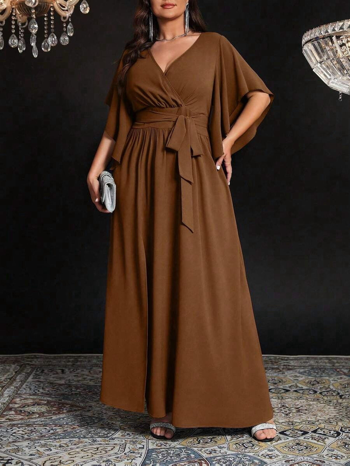thumbnail image 3 of Women Brown V-Neck Wrap Maxi Dress With Flare Sleeves And Tie Waist, 3 of 7