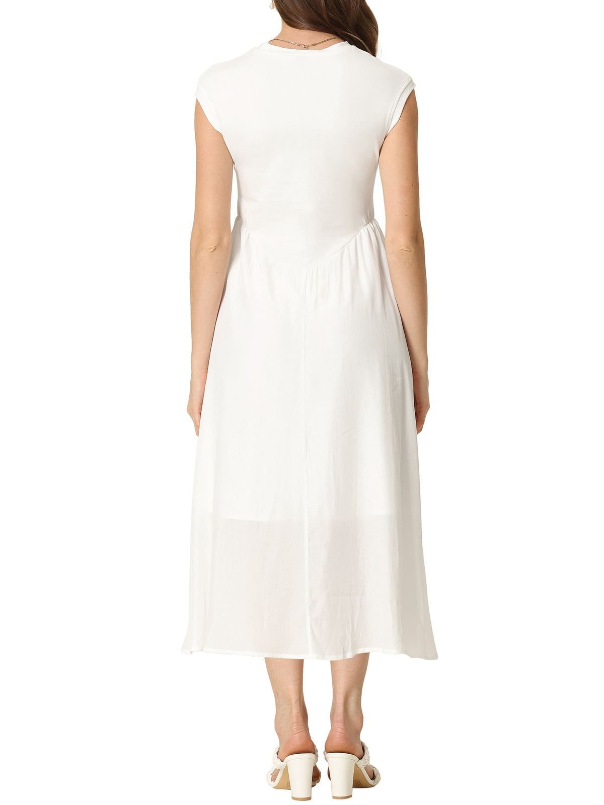 thumbnail image 3 of INSPIRE CHIC Work Office Dress for Women's Midi Round Neck Cap Sleeve Dress White L, 3 of 5