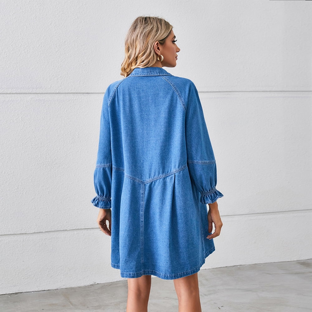 thumbnail image 4 of Zoeecloth Womens Casual Denim Dresses Long Sleeve Loose Patchwork Denim Dress S-XL, 4 of 9