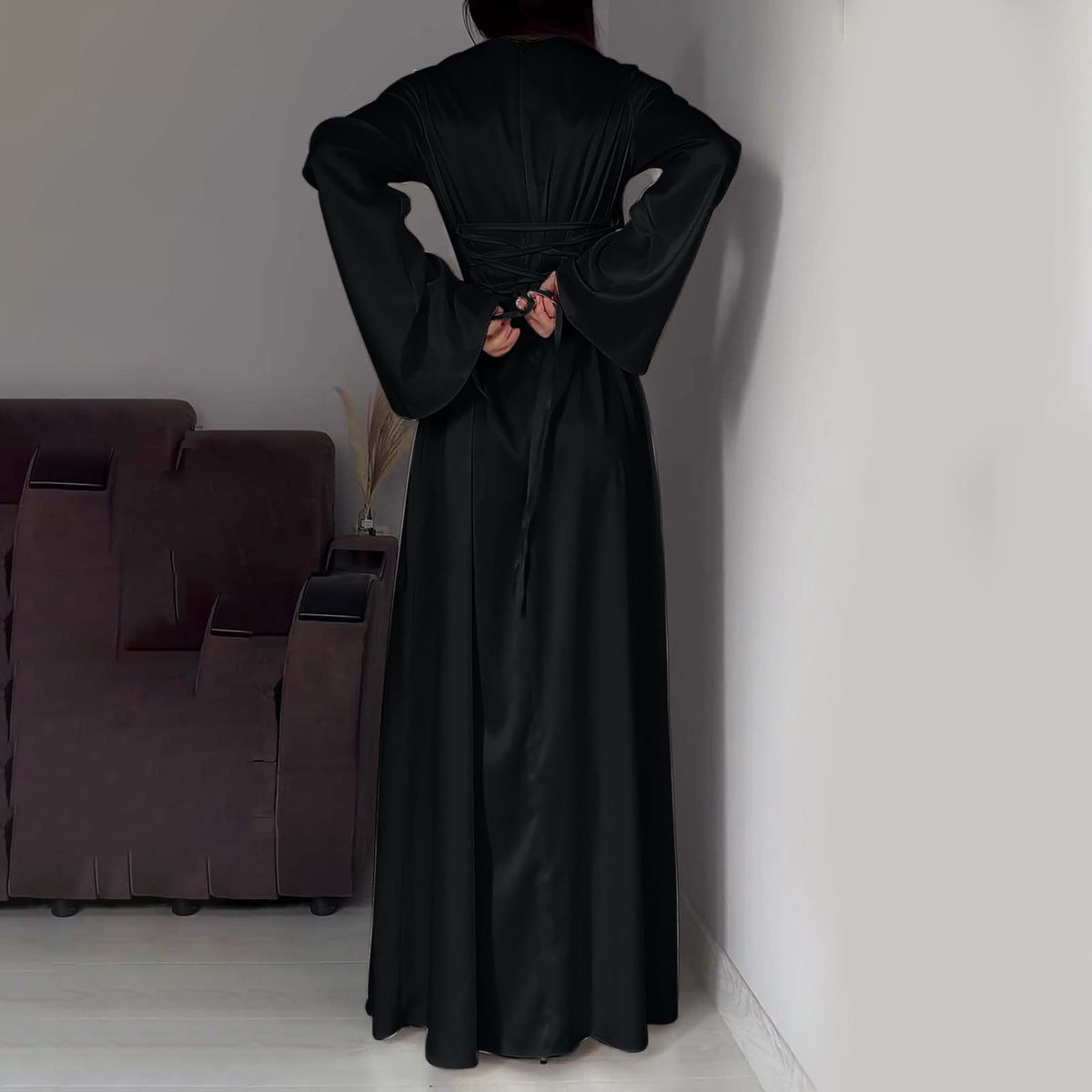 thumbnail image 7 of TMOYZQ Dresses for Women Elegant Satin Party Dress Bell Long Sleeve Cocktail Maxi Dresses Back Lace Up Bandage Tie High Waisted Formal Party Evening Gowns, 7 of 7