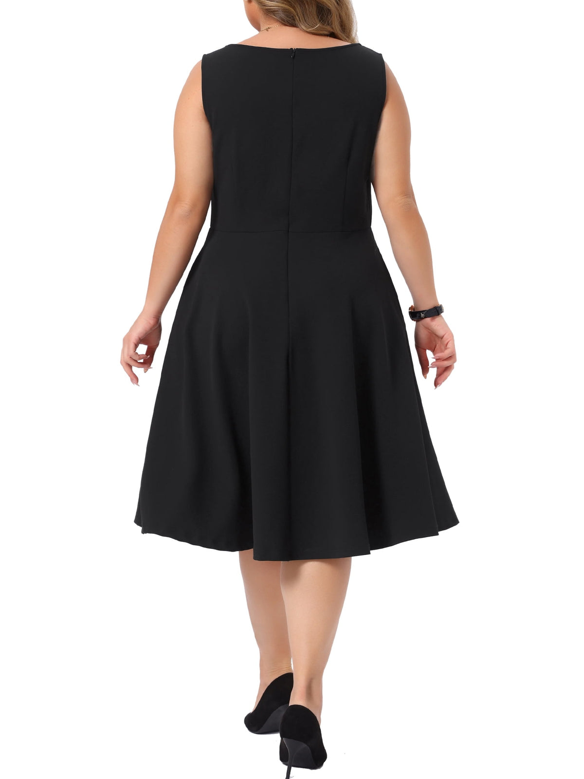 thumbnail image 3 of Agnes Orinda Women's Plus Size Flare A-Line Dress Boat Neck Sleeveless Pleated Office Work Cocktail Dresses with Pockets 2X Black, 3 of 6