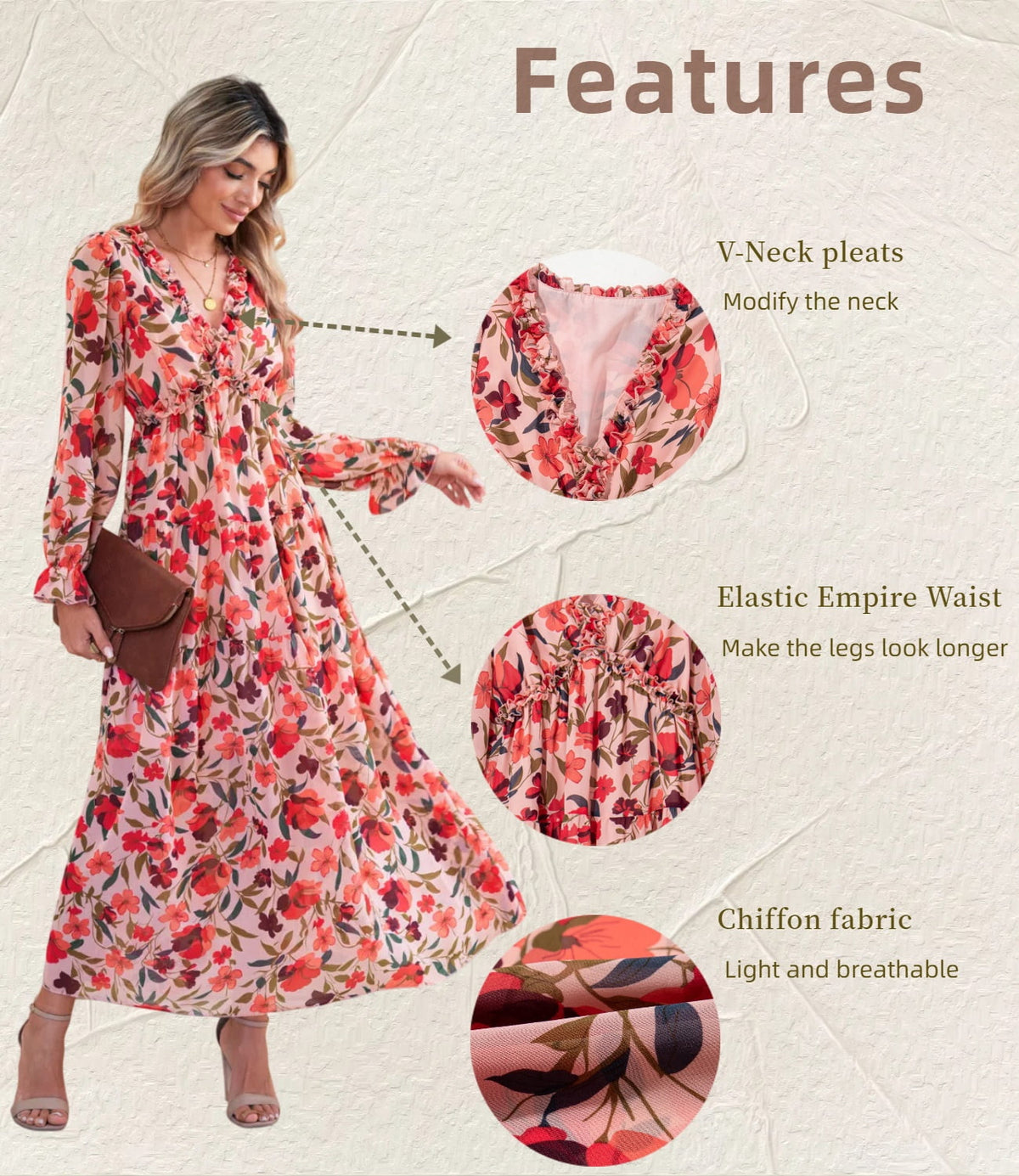 thumbnail image 3 of DOKOTOO Women's Red Floral Maxi Dresses Casual Deep V Neck Long Sleeve Evening Dress Cocktail Party Dress for Women, US 8-10(M), 3 of 10