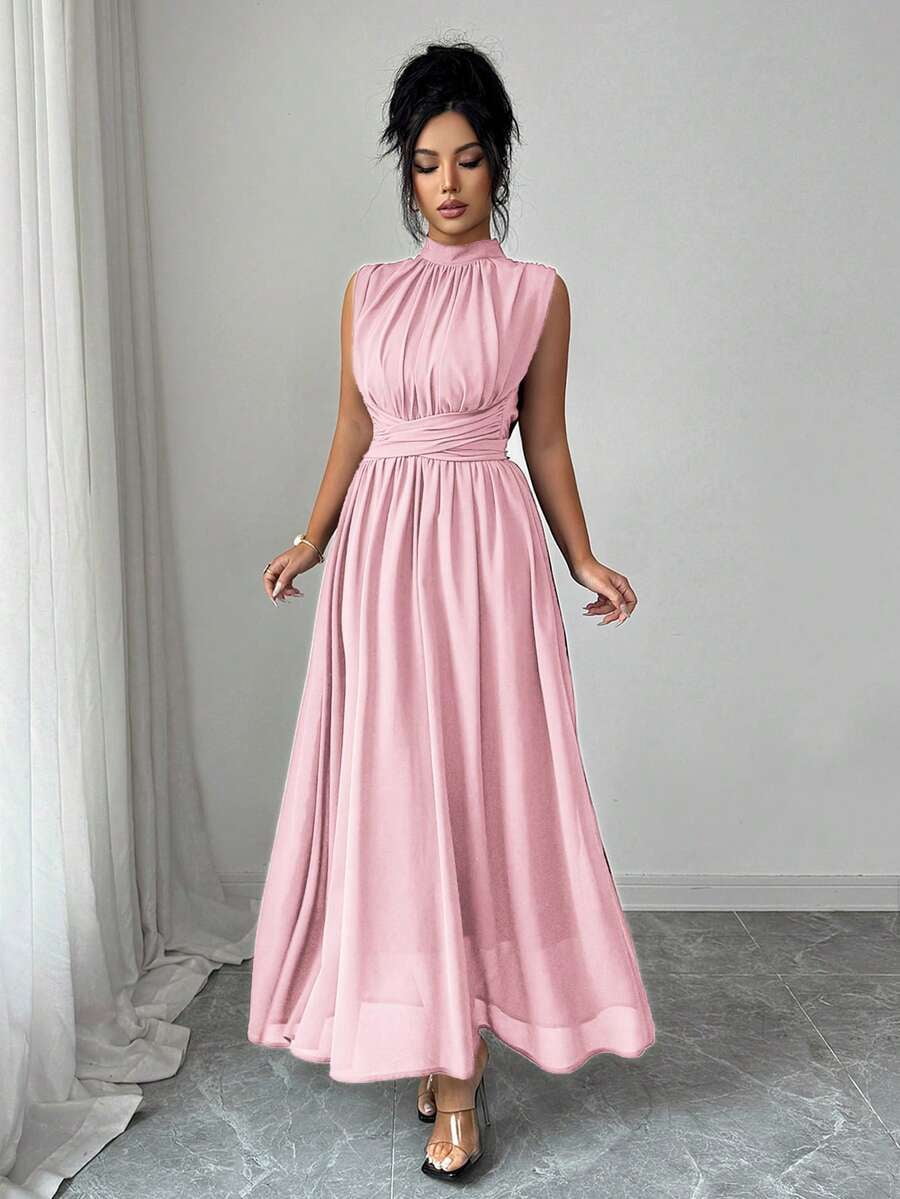 thumbnail image 4 of Baby Pink Womens Sleeveless High Neck Chiffon Maxi Dress With Waist Bow, 4 of 8