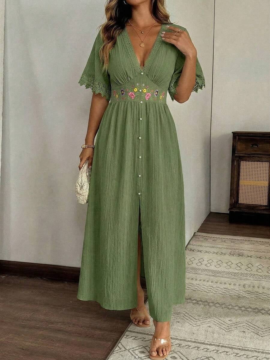 thumbnail image 4 of Womens Olive Green Boho Maxi Dress, Deep V-Neck Floral Embroidery Ruched, 4 of 6