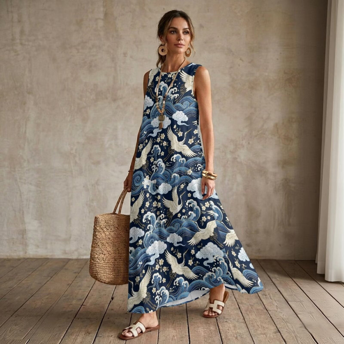 thumbnail image 3 of FKELYI Oriental Crane Cloud Blue Print Womens Summer Tank Dress Linen-Look Long Maxi Dress with Pockets Anti-Wrinkle Casual Beach Dress Breathable Vacation Outfit, S, 3 of 7