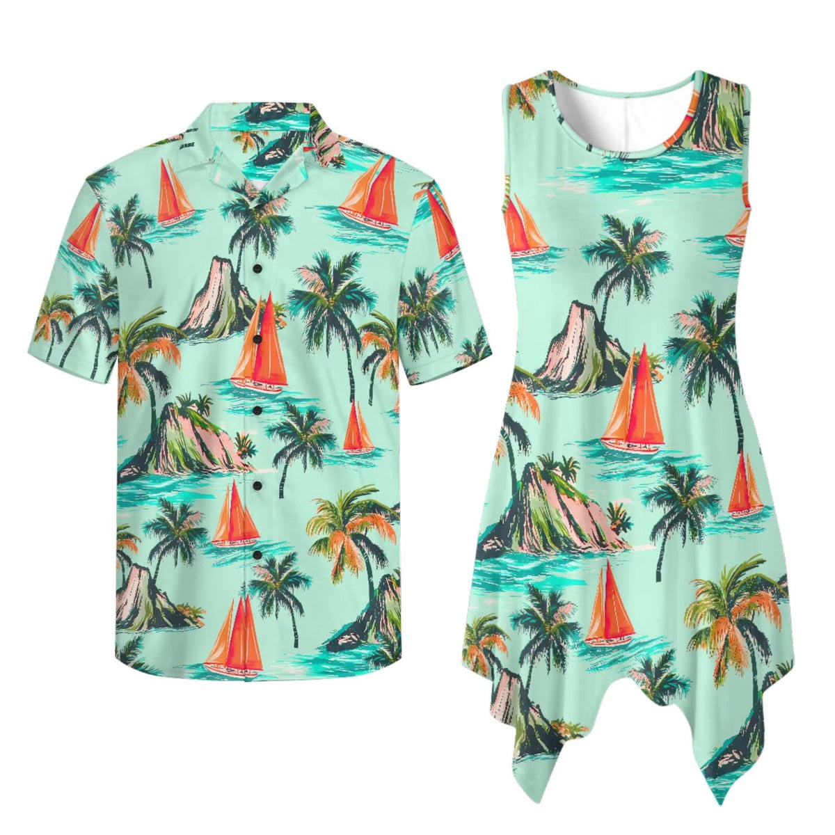 thumbnail image 2 of Psesaysky Palm Tree Ship Print Couples Outfits Hawaiian Matching Sets Summer Button Up Shirts and Sleeveless Dress with Pockets Plus Size Men and Women Matching Clothes for Travel, 2 of 7