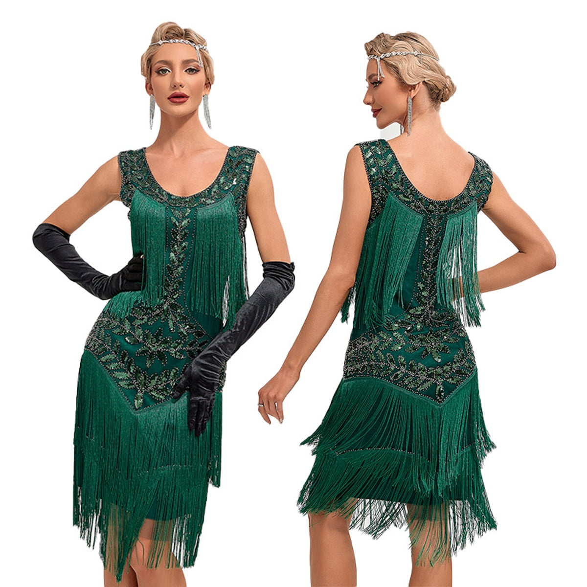 thumbnail image 2 of 1920s Vintage Dress Summer Fringe Beaded Great Gatsby Flapper Evening Dress Party Cocktail Prom,S,Dark Green, 2 of 7