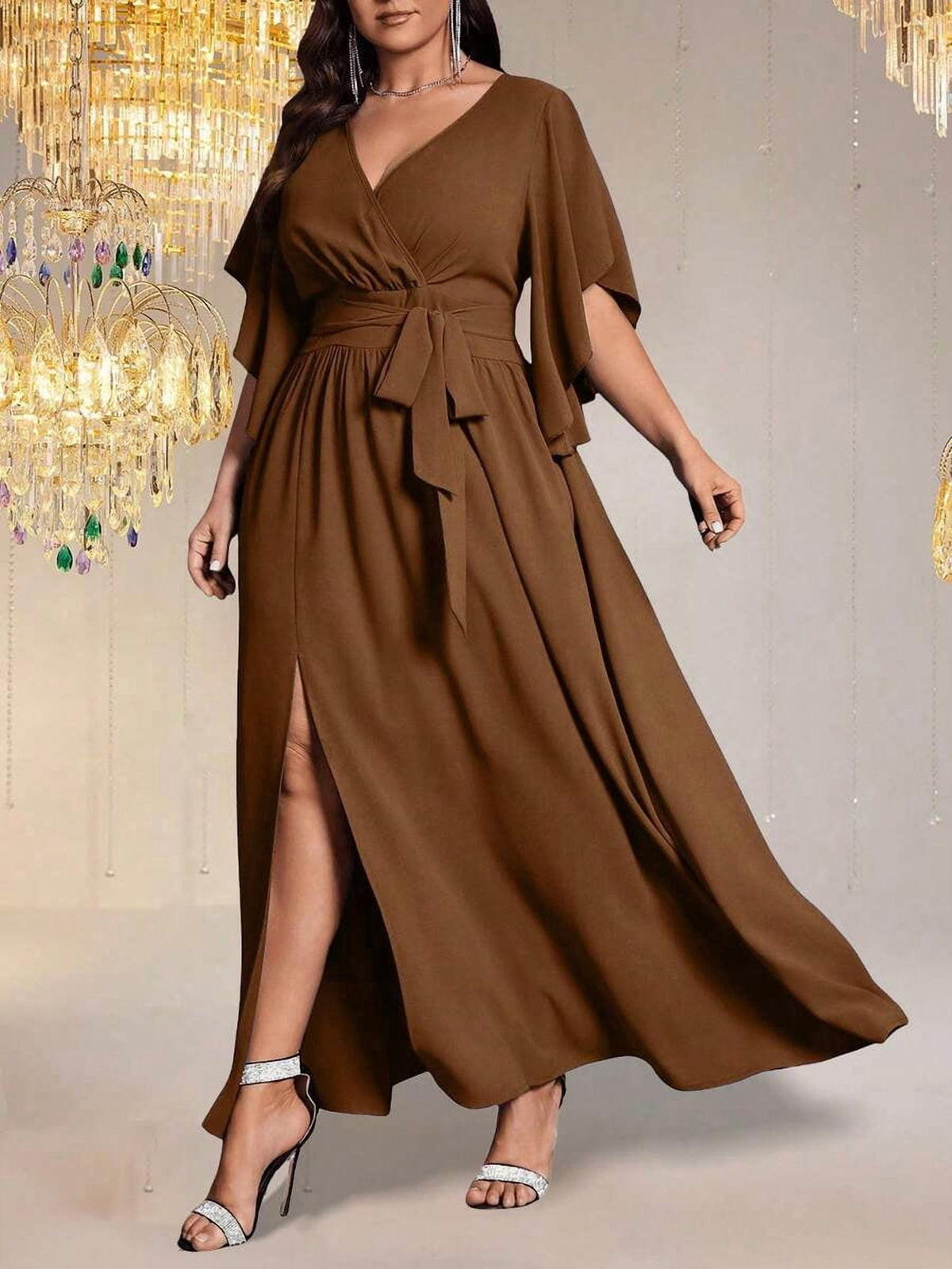 thumbnail image 4 of Women Brown V-Neck Wrap Maxi Dress With Flare Sleeves And Tie Waist, 4 of 7
