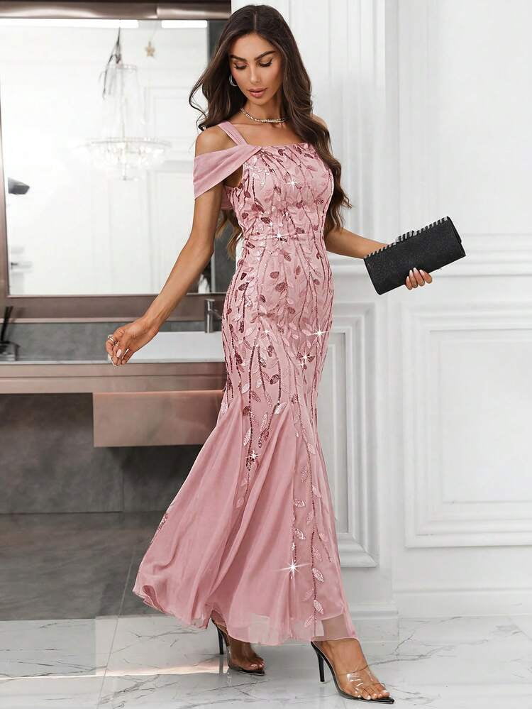 thumbnail image 3 of Pink Sequin Mermaid Evening Dress with Cold Shoulder, 3 of 6