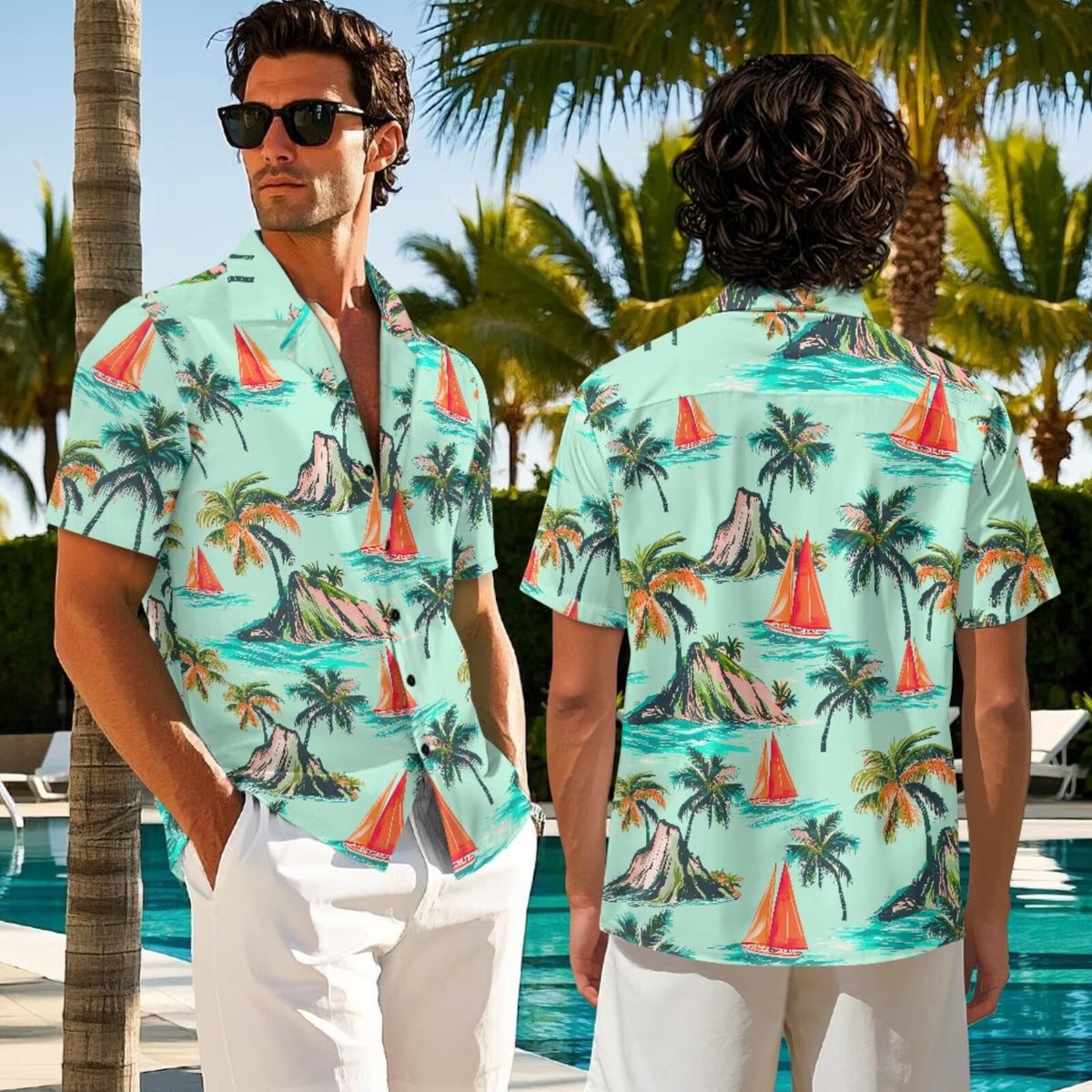 thumbnail image 7 of Psesaysky Palm Tree Ship Print Couples Outfits Hawaiian Matching Sets Summer Button Up Shirts and Sleeveless Dress with Pockets Plus Size Men and Women Matching Clothes for Travel, 7 of 7