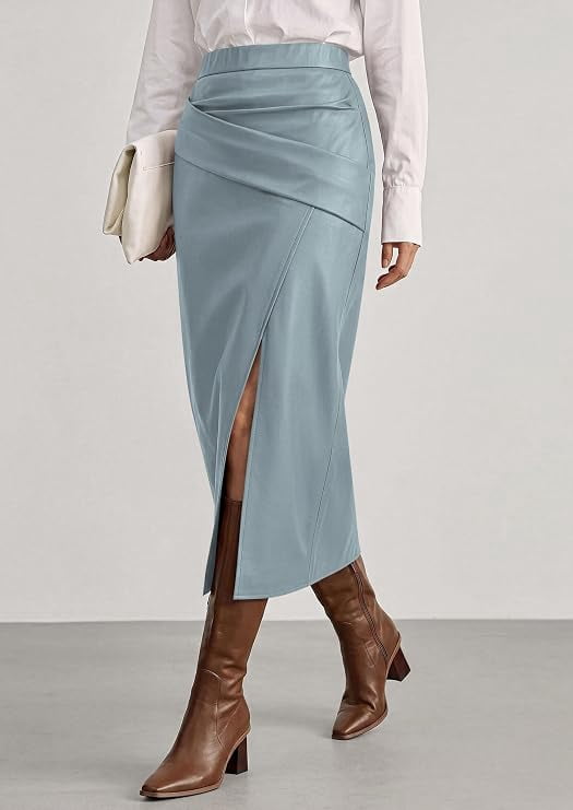 thumbnail image 5 of PRETTYGARDEN Faux Leather Long Skirts for Women High Waisted Front Slit,Elegant Bodycon Midi,Work Office Business Casual Clothes,Fall Outfits,Party Cocktail Pencil Skirt, 5 of 8