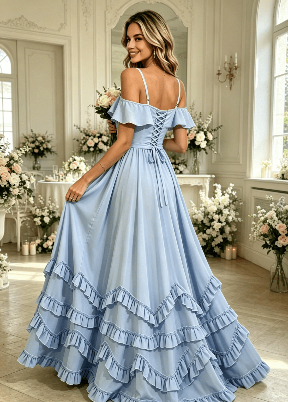 thumbnail image 3 of Women's V Neck Bridesmaid Dresses Off Shoulder Chiffon Ruffle Tiered Hight Slit Elegant Formal Dress for Wedding WM024, 3 of 7