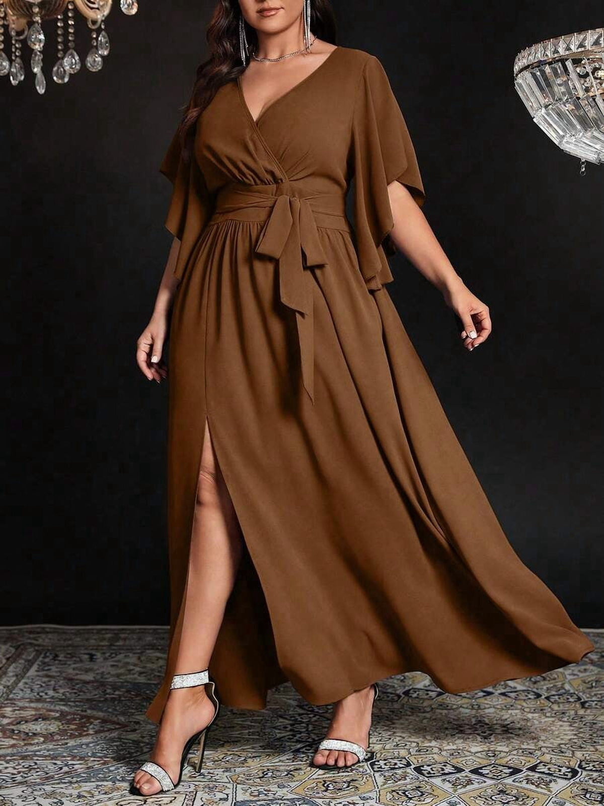thumbnail image 6 of Women Brown V-Neck Wrap Maxi Dress With Flare Sleeves And Tie Waist, 6 of 7