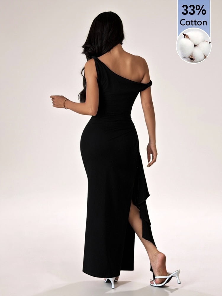 thumbnail image 2 of Black One Shoulder Ruffle Wrap Maxi Dress with High Slit, 2 of 6