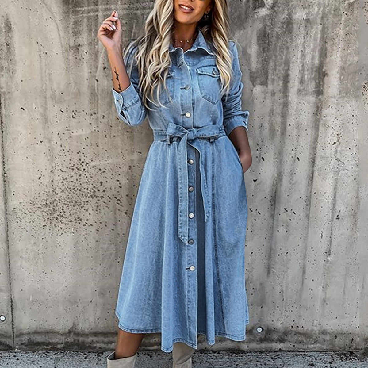 thumbnail image 3 of PATLOLLAV Dresses for Women,Women's Spring Autumn Lapel Denim Casual High Waist Pocket Button Lace Up Dress, 3 of 6