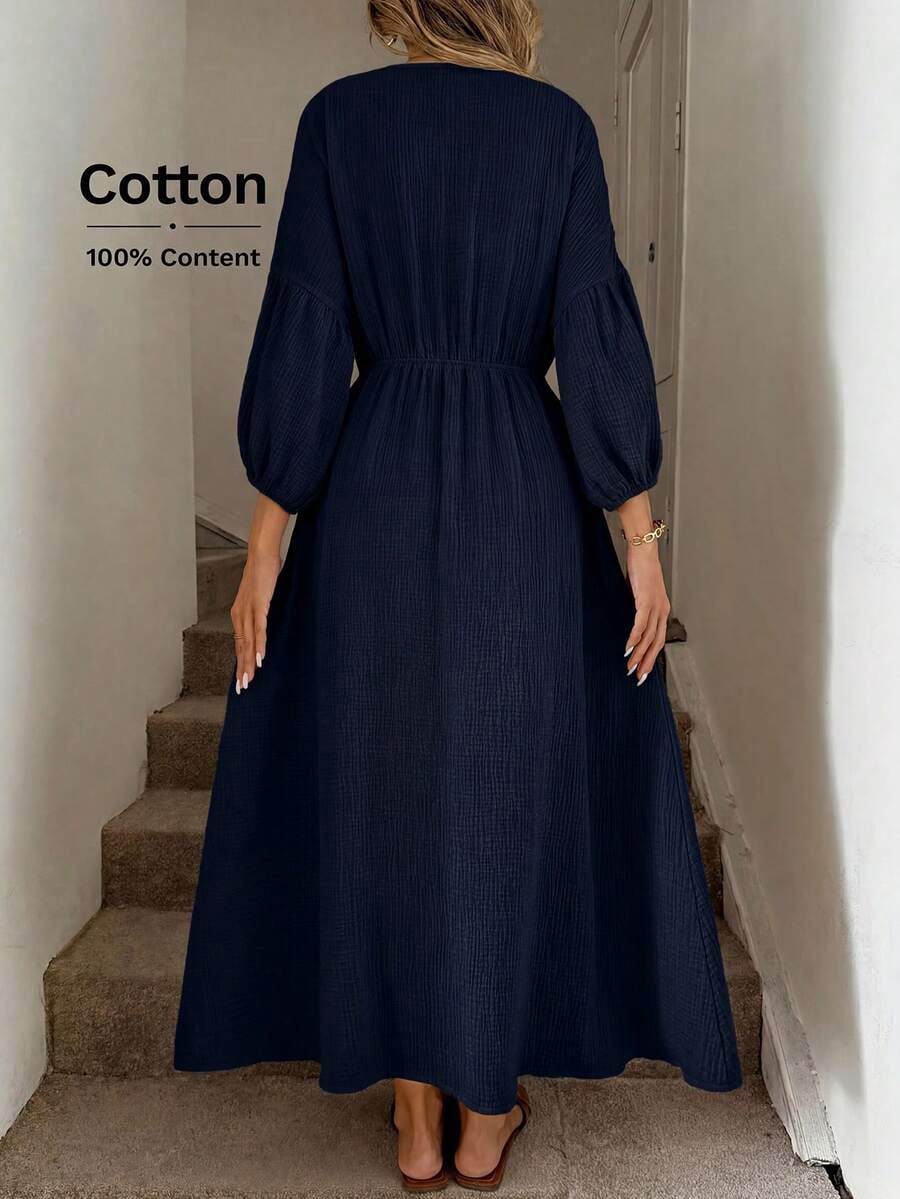 thumbnail image 2 of Women Blue Cotton Boho Lantern Sleeve Midi Dress V-Neck Tie Waist Casual, 2 of 5