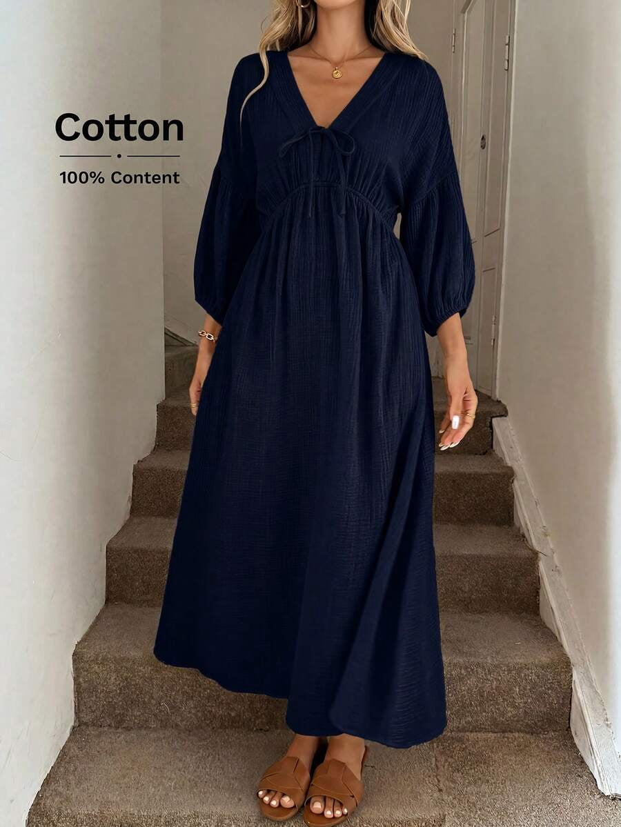 thumbnail image 5 of Women Blue Cotton Boho Lantern Sleeve Midi Dress V-Neck Tie Waist Casual, 5 of 5