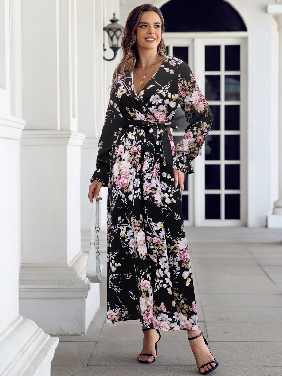 thumbnail image 4 of I2CRAZY Womens Pink Floral V Neck Empire Waist Long Sleeve Boho Wrap Maxi Dresses-S, 4 of 7