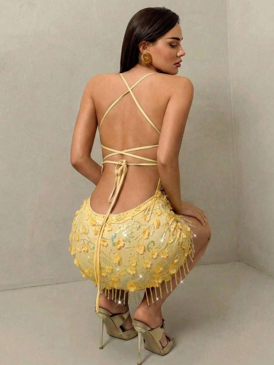thumbnail image 2 of Glamour Pale Yellow Floral Sequin Mini Dress With Fringe And Open Back, 2 of 5