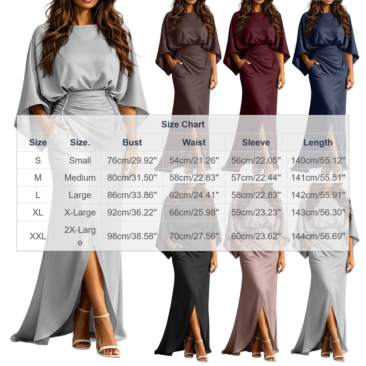 thumbnail image 3 of Dolkfu Waist Cinched Going Out Dresses 3/4 Sleeve Black Crew Neck Cotton Blend Maxi Fit & Flare Dresses Modern Refined Regular Solid Dresses Black,L, 3 of 5