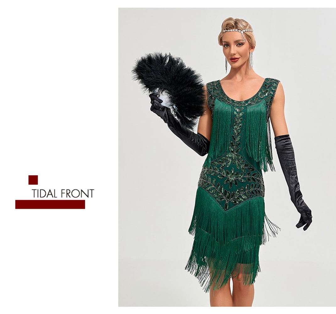 thumbnail image 5 of 1920s Vintage Dress Summer Fringe Beaded Great Gatsby Flapper Evening Dress Party Cocktail Prom,S,Dark Green, 5 of 7