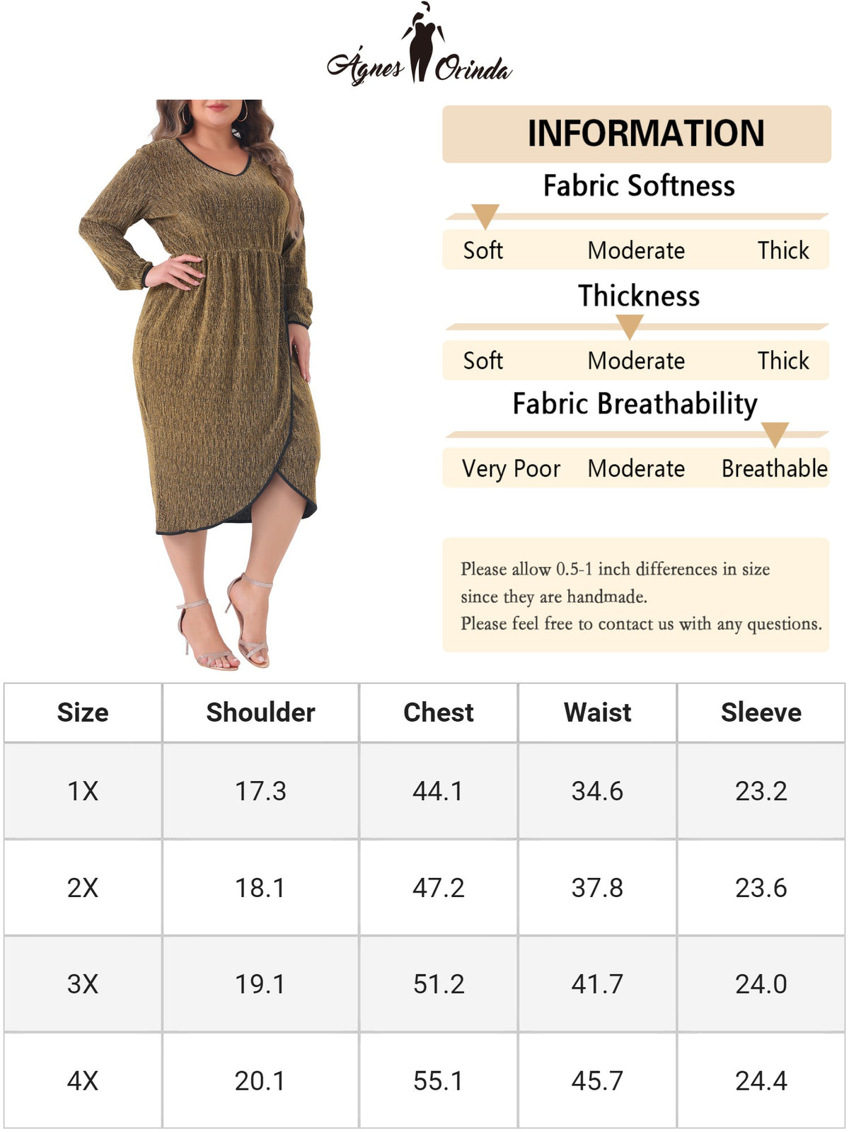 thumbnail image 6 of Agnes Orinda Women's Plus Size Sparkly Glitter Dress Long Sleeve V Neck Tulip-Style Wrap Front Sequin Party Cocktail Dresses 3X Gold, 6 of 8