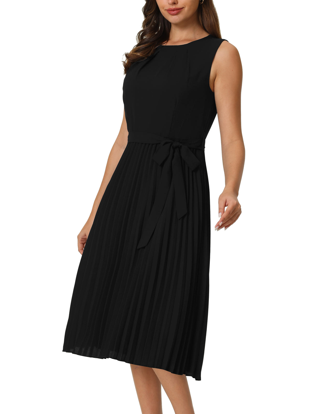 thumbnail image 4 of INSPIRE CHIC Women's Sleeveless Pleated Dress Tie Waist Casual Office A-Line Dresses 2XL Black, 4 of 6