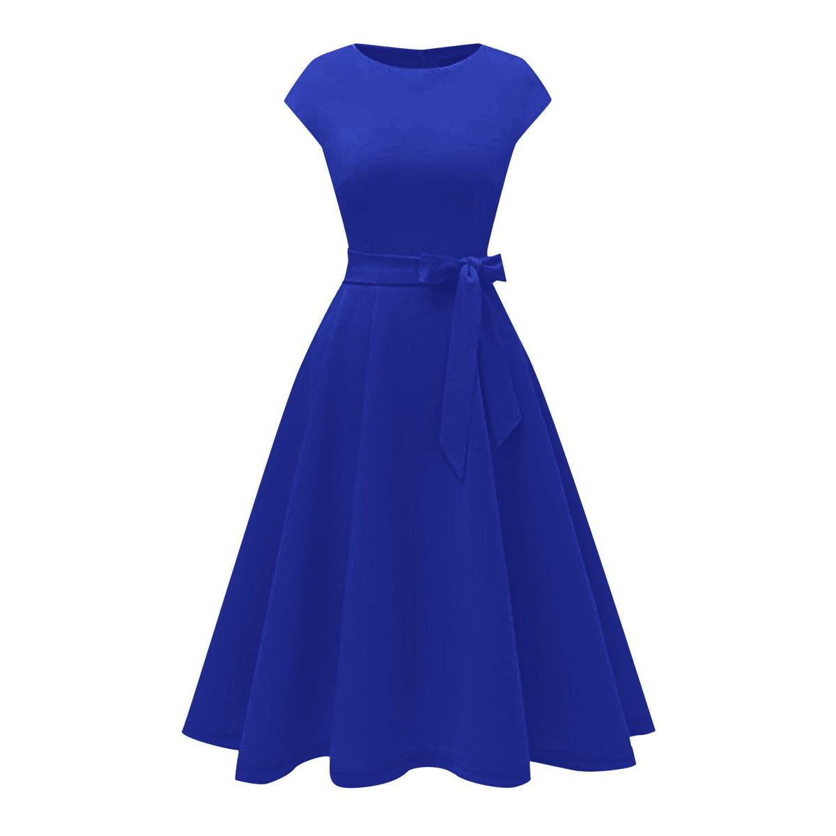 thumbnail image 6 of Womens Party Dress Short Sleeve Crew Neck Solid Tie Waist Midi Length Elegant Dress Blue M, 6 of 6