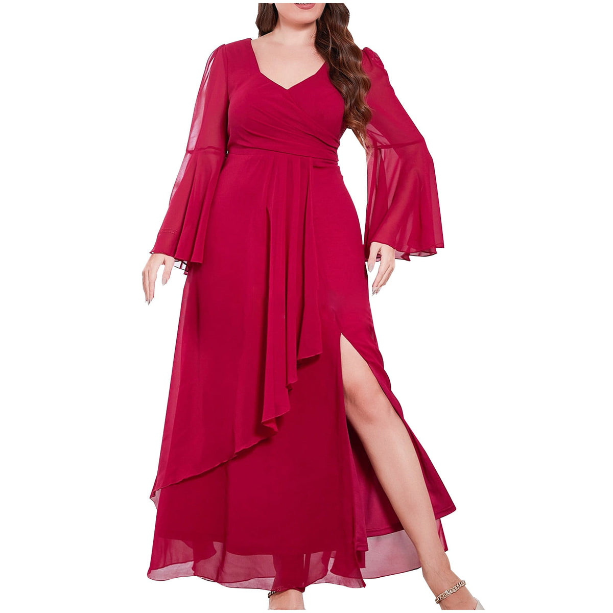thumbnail image 5 of asdoklhq Womens Holiday Dresses Women's Plus-size V-neck Chiffon Full Slit Long Dress Evening Dress Wine 4X, 5 of 8