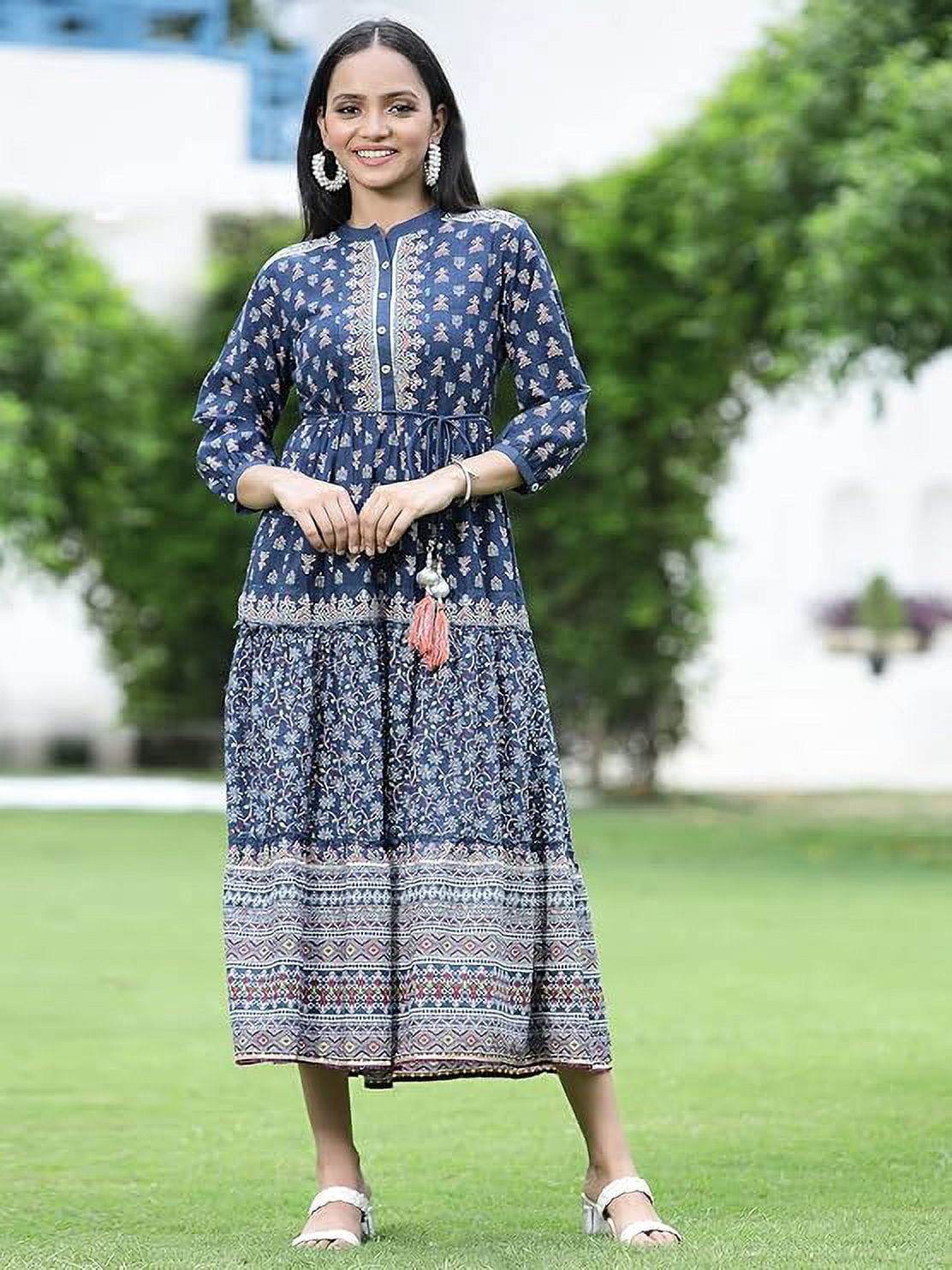 thumbnail image 2 of Juniper Indigo Ethnic Motif Printed Pure Cotton Tiered Maxi Dress, 2 of 2