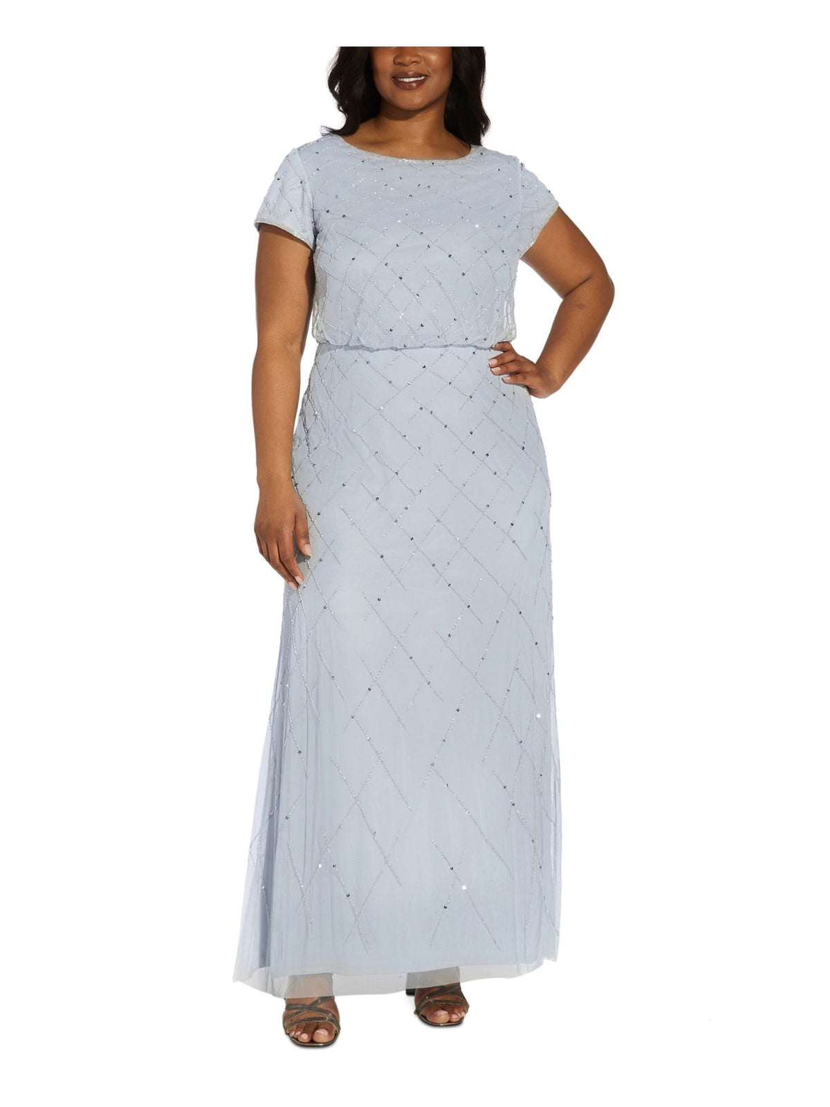 thumbnail image 1 of ADRIANNA PAPELL Womens Light Blue Beaded Sequined Zippered Short Sleeve Scoop Neck Full-Length Party Gown Dress Plus 22W, 1 of 3