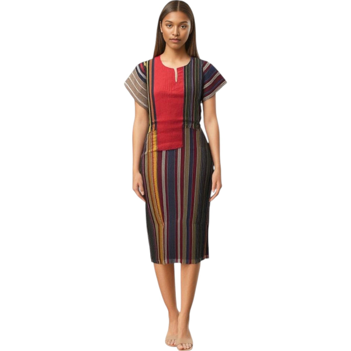 thumbnail image 1 of ASO Oke Midi Dress with Denim Accent, Multicolor Striped, Short Sleeve (US, Numeric, 14, Regular, Regular, Multicolor), 1 of 3