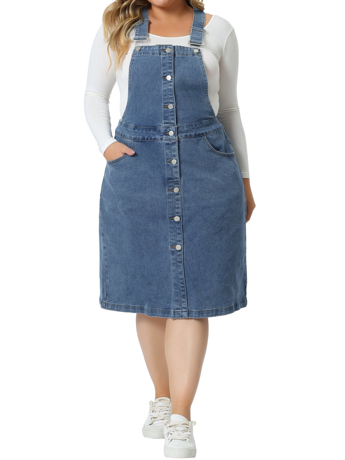 thumbnail image 1 of Agnes Orinda Plus Size Denim Overall Dress for Women Button Front Adjustable Strap Suspender Skirt 1X Gray Blue, 1 of 6