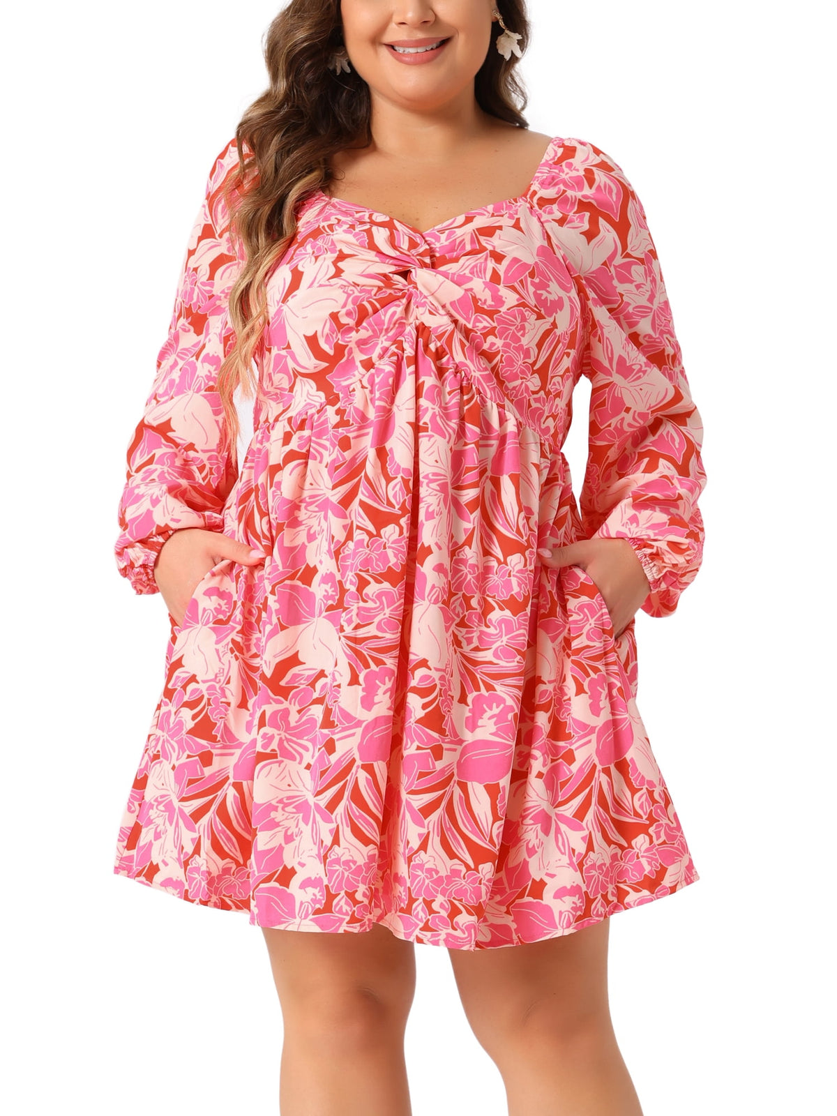 thumbnail image 1 of Agnes Orinda Women's Plus Size Easter Floral Dresses Sweetheart Neckline Puff Long Sleeve Chiffon A Line Midi Dress 1X Pink, 1 of 6