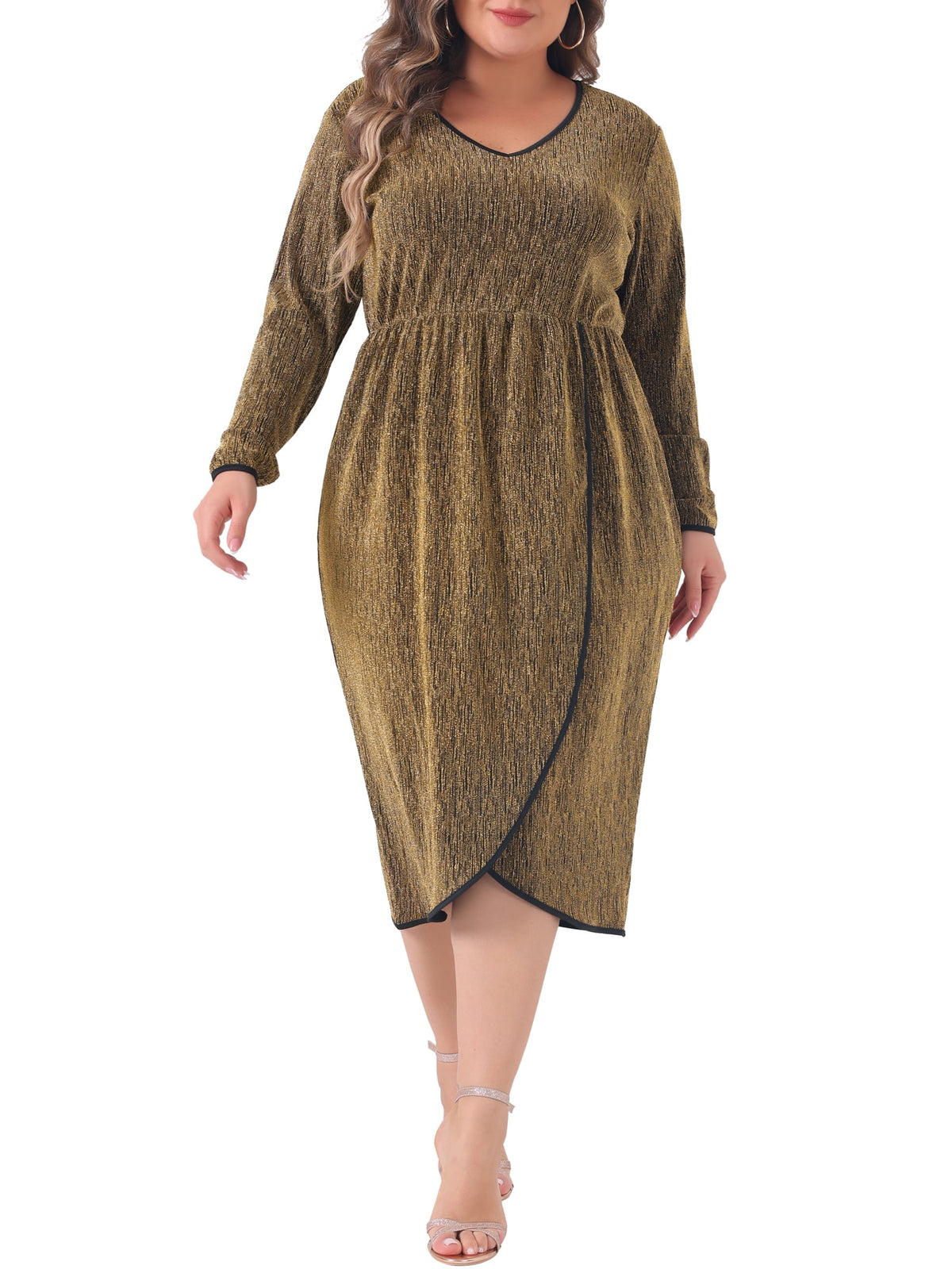 thumbnail image 1 of Agnes Orinda Women's Plus Size Sparkly Glitter Dress Long Sleeve V Neck Tulip-Style Wrap Front Sequin Party Cocktail Dresses 3X Gold, 1 of 8