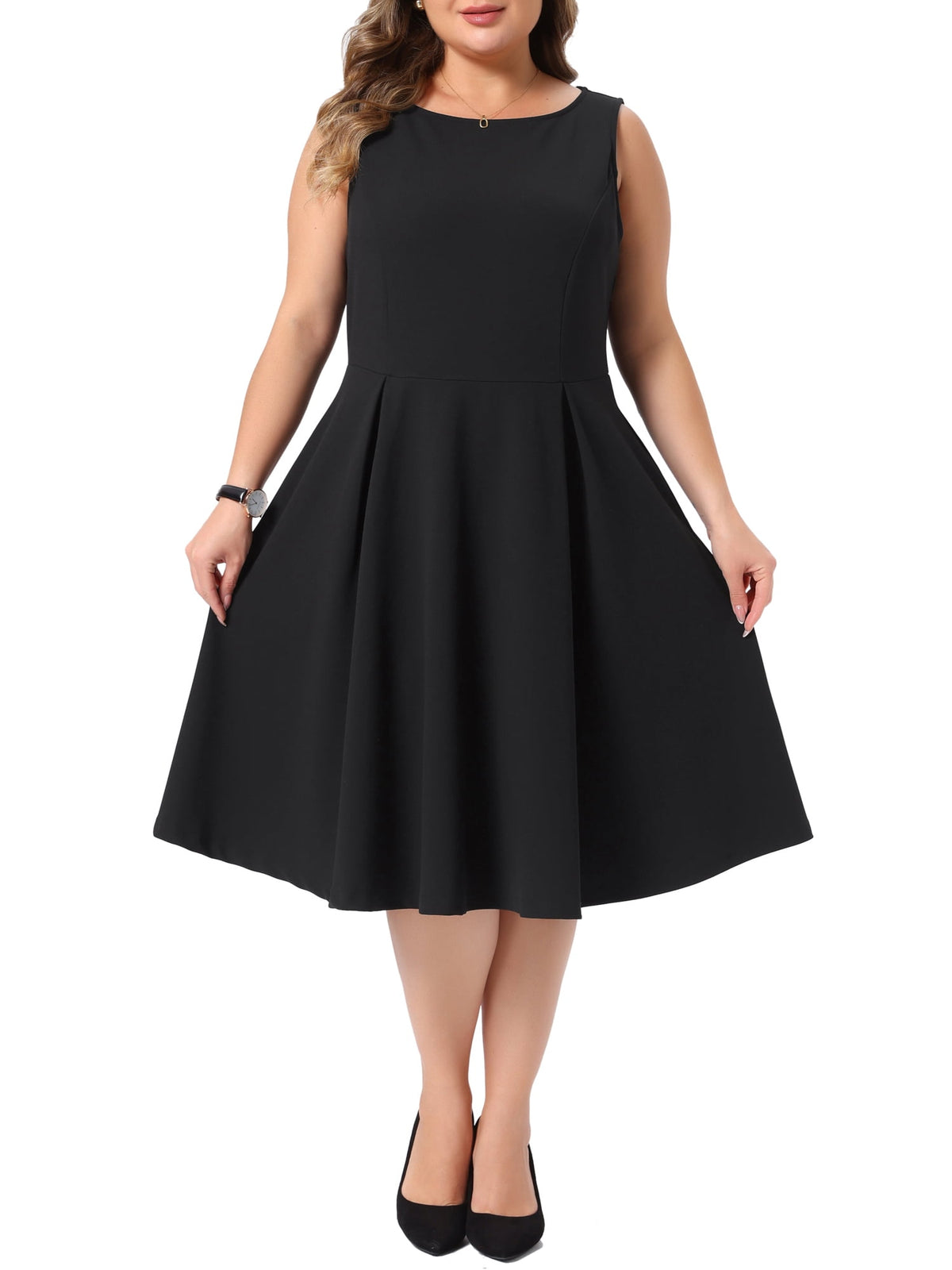 thumbnail image 1 of Agnes Orinda Women's Plus Size Flare A-Line Dress Boat Neck Sleeveless Pleated Office Work Cocktail Dresses with Pockets 2X Black, 1 of 6