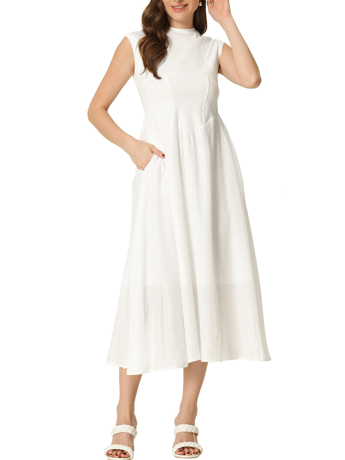 thumbnail image 1 of INSPIRE CHIC Work Office Dress for Women's Midi Round Neck Cap Sleeve Dress White L, 1 of 5