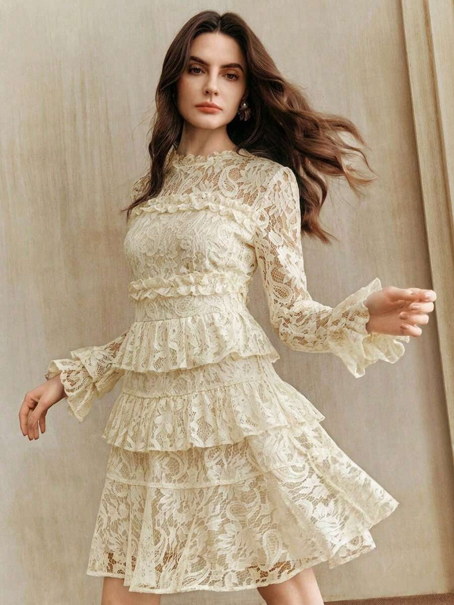 thumbnail image 1 of Apricot Lace Ruffle Long Sleeve Mini Dress, 1 of 7