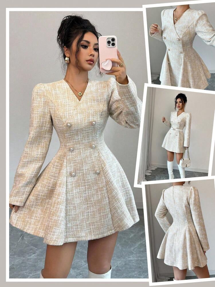 thumbnail image 1 of Apricot V-Neck Long Sleeve Tweed Mini Dress with Pearl Buttons, 1 of 7