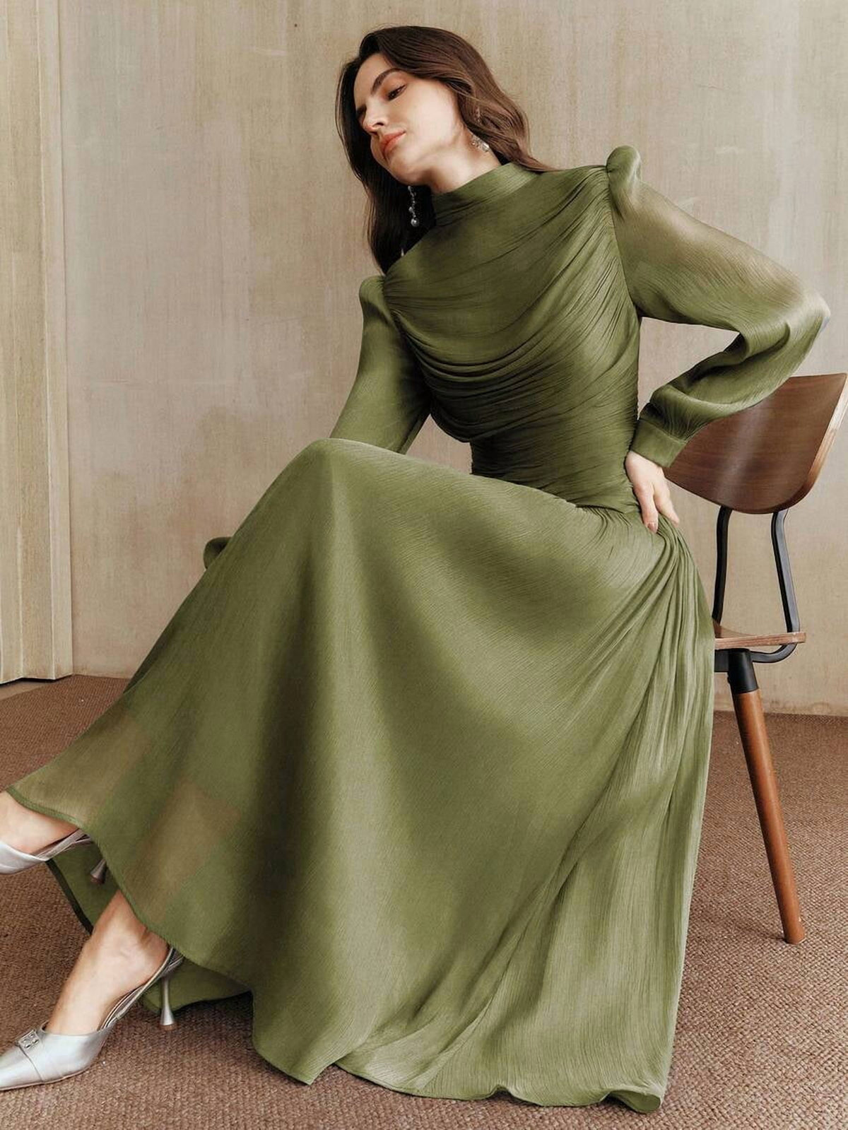 thumbnail image 1 of Army Green Ruched Long Sleeve Maxi Dress, 1 of 7