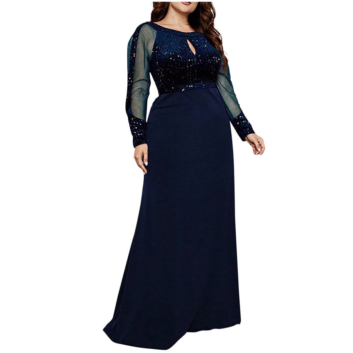 thumbnail image 1 of Arnsht Women's Plus Size Sequin Lace Round-Neck Sheer Long Sleeves Formal Evening Dancing Party Dress Chiffon Long Dress Blue XXXL, 1 of 6