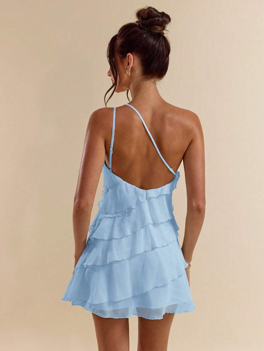 thumbnail image 1 of Baby Blue Layered Ruffle Mini Dress With Open Back And Adjustable Straps, 1 of 30