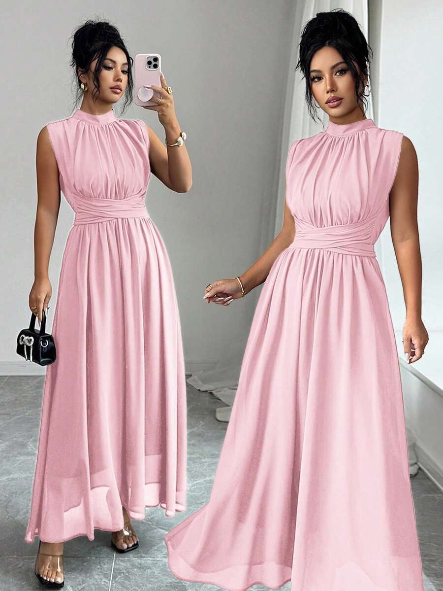 thumbnail image 1 of Baby Pink Womens Sleeveless High Neck Chiffon Maxi Dress With Waist Bow, 1 of 8