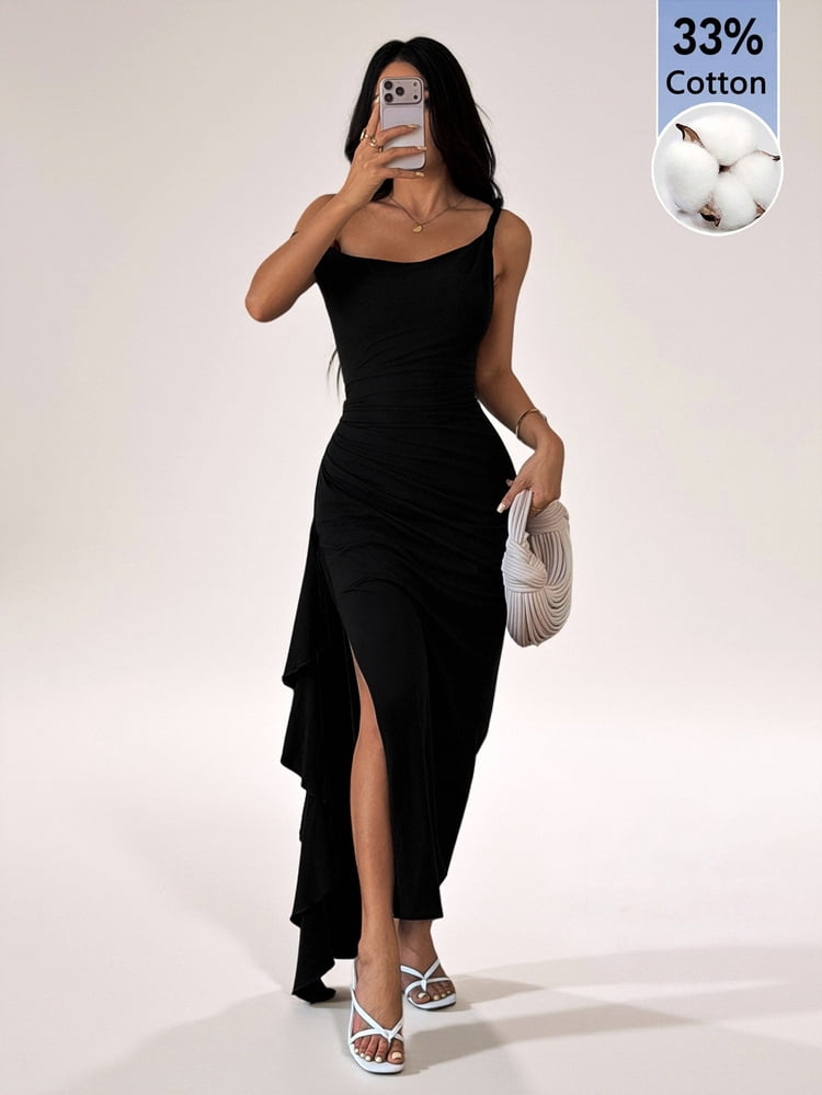 thumbnail image 1 of Black One Shoulder Ruffle Wrap Maxi Dress with High Slit, 1 of 6