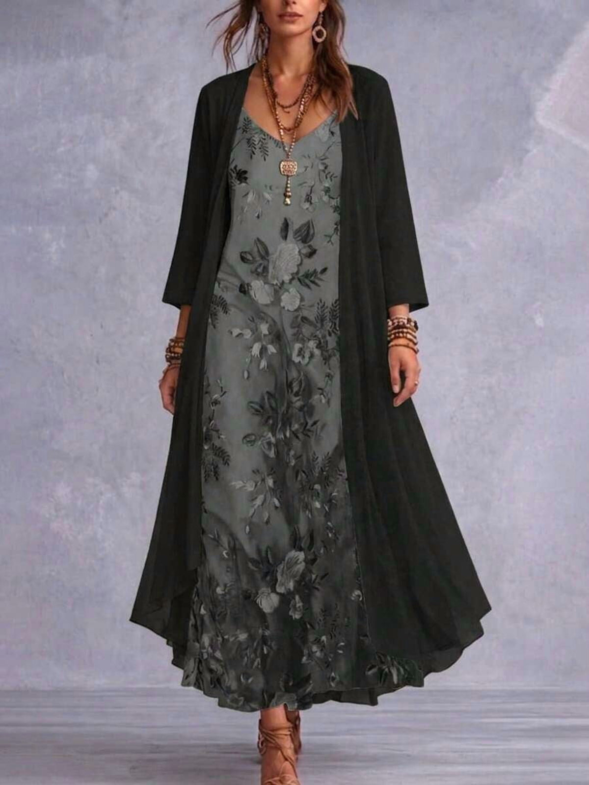 thumbnail image 1 of Black / Plus Size Women's Elegant Floral Print Sleeveless V-Neck Dress, 1 of 5